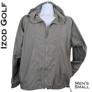 IZOD Golf Mens Windbreaker Jacket Large Green Hooded Multi Pocket Lightweight